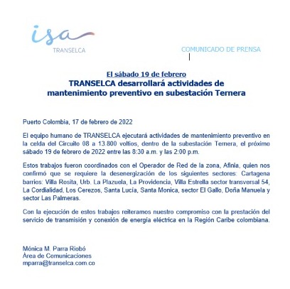 Los trabajos de Afinia previstos para este sábado en subestación Calamar se trasladaron para el domingo 20 de febrero