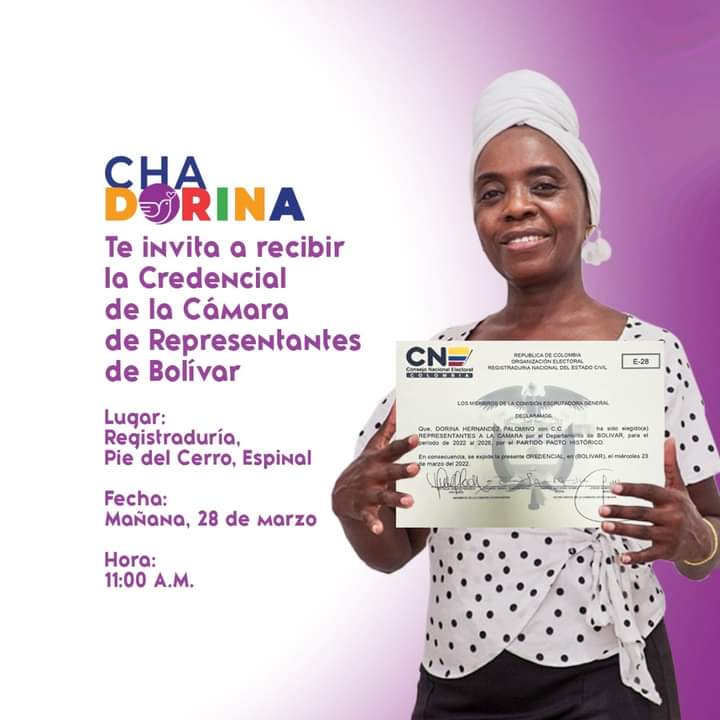 CHA DORINA HERNÁNDEZ RECIBE LA CREDENCIAL DE LA CÁMARA DEL PACTO HISTÓRICO ESTE LUNES 28 DE MARZO