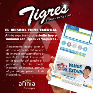 Afinia invita y paga la entrada ara la fanaticada del béisbol colombiano, hoy Tigres – Vaqueros, premio para clientes puntuales