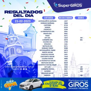 ⛅️Feliz día. Conoce los resultados del 23 de febrero 👏🏽. Consúltalos diariamente en: https://supergirosbolivar.com.co/apuestas/