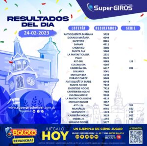 ⛅️Feliz día. Conoce los resultados del 24 de febrero 👏🏽. Consúltalos diariamente en: https://supergirosbolivar.com.co/apuestas/