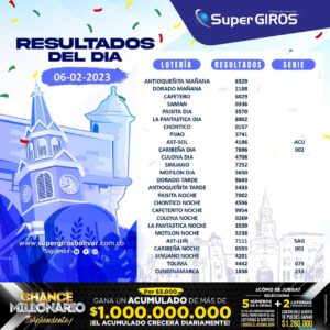🌤Feliz día te desea SuperGIROS Bolívar. Conoce los resultados del 6 de febrero⬆️. Consúltalos diariamente en: https://supergirosbolivar.com.co/apuestas/