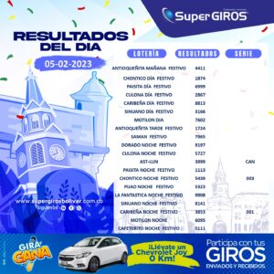 Resultados SuperGIROS del 5 de febrero consúltalos diariamente en: https://supergirosbolivar.com.co/apuestas/