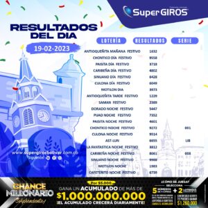 ️Feliz día. Conoce los resultados del 19 de febrero ⬇️. Consúltalos diariamente en: https://supergirosbolivar.com.co/apuestas/