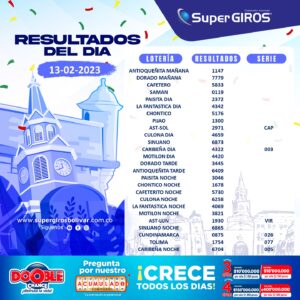 🌤Feliz día con SuperGIROS Bolívar. Conoce los resultados del 13 de febrero⬆️. Consúltalos diariamente en: https://supergirosbolivar.com.co/apuestas/