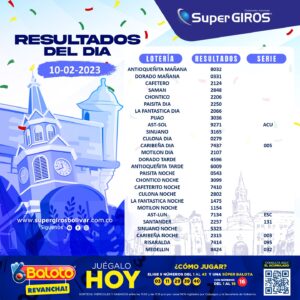 🌤Feliz día con SuperGIROS Bolívar. Conoce los resultados del 10 de febrero⬆️. Consúltalos diariamente en: https://supergirosbolivar.com.co/apuestas/
