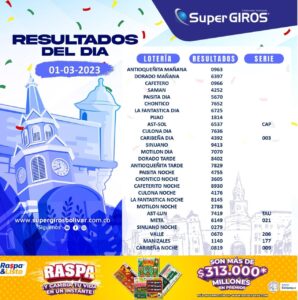 ⛅️Feliz día. Conoce los resultados del 1° de marzo 👏🏽. Consúltalos diariamente en: https://supergirosbolivar.com.co/apuestas/