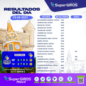 🌤️Buenos días con SuperGIROS Bolívar. Conoce los resultados del 23 de abril👏🏽. Consúltalos diariamente en: https://supergirosbolivar.com.co/apuestas