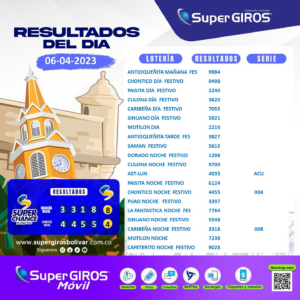 ️Feliz día con SuperGIROS Bolívar. Conoce los resultados del 6 de abril👏🏽. Consúltalos diariamente en: https://supergirosbolivar.com.co/apuestas/