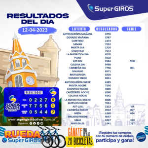 Feliz jueves te desea SuperGIROS Bolívar. Conoce los resultados del 12 de abril👏🏽. Consúltalos diariamente en: https://supergirosbolivar.com.co/apuestas/