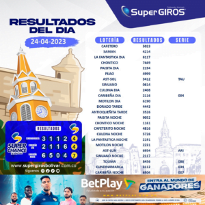 🌤️Buenos días con SuperGIROS Bolívar. Conoce los resultados del 24 de abril👏🏽. Consúltalos diariamente en: https://supergirosbolivar.com.co/apuestas