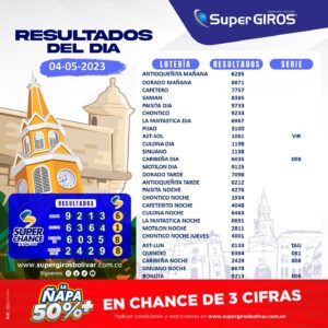 ☀️Buen día con SuperGIROS Bolívar. Te presentamos los resultados del 4 de mayo👏🏽. Consúltalos diariamente en: https://supergirosbolivar.com.co/apuestas