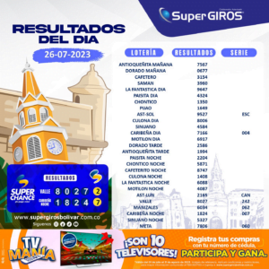 Resultados de los sorteos SuperGIROS del miércoles 26 de julio .