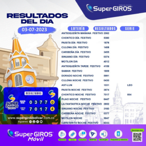 ☀️¡Feliz día con SuperGIROS Bolívar! Conoce los resultados del 3 de julio⬆️. Consúltalos diariamente en: https://supergirosbolivar.com.co/apuestas