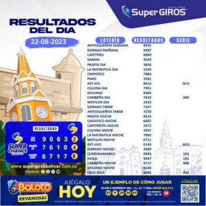 ☀️¡Feliz día con SuperGIROS Bolívar! Conoce los resultados del 22 de agosto⬆️. Consúltalos diariamente en: https://supergirosbolivar.com.co/apuestas