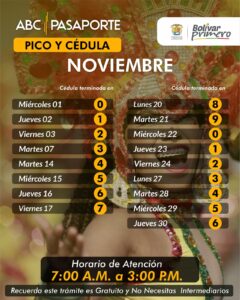 Desde el este 23 de octubre y hasta el 7 de noviembre Pasaportes de Bolívar atenderá de 7:00 am. a 4:30 pm. en jornada continua.