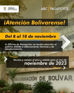 Oficina de Pasaportes de Bolívar amplía horario de atención y se alista para adecuaciones en sedeTurbaco,  Bolívar, 24 de octubre de 2023
Desde el lunes 23 de octubre y hasta el 7 de noviembre la oficina de Pasaportes de Bolívar estará prestando sus servicios de 7:00 a.m a 4:30 pm en jornada continua.La ampliación en el horario obedece a adecuaciones técnicas y de mantenimiento que se realizarán del 8 al 10 de noviembre y que impedirán la atención y expedición de pasaportes dentro de esas fechas.El horario habitual de atención, de 7: 00 am a 3:00 pm, se retomará el 14 de noviembre y los ciudadanos podrán acceder a ella atendiendo en horario de pico y cédula de acuerdo al cronograma adjuntoLa Administración Departamental reitera que para la atención por pico y cédula no es necesario sacar cita previa, ni acudir a intermediario. Debe presentarse de acuerdo al último dígito de su documento de identidad el día correspondiente, llevando consigo el documento de identidad original.También se recalca a la ciudadanía que para hacer retiro del documento no aplica el calendario de pico y cédula.A través de la página web de la Gobernación de Bolívar, en el apartado de Pasaporte, los interesados podrán encontrar toda la información sobre la documentación y procesos requeridos para tramitar el documento.Aquellos ciudadanos que requieran de manera urgente, con causa motivda, adelantar la fecha para su trámite, podrán enviar su solicitud al correo pasaporte@bolivar.gov.co indicando la causa de la urgencia con documento soporte..