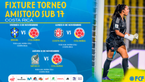 Calendario de partidos de la Selección Colombia Femenina Sub-17 para Cuadrangular amistoso La Selección Colombia Femenina Sub17 disputará un cuadrangular amistoso internacional en Costa Rica, donde enfrentará al equipo local, Brasil y México. El equipo dirigido por Carlos Panigua continúa con su puesta a punto de cara al Sudamericano de la categoría que se disputará el próximo año. A continuación el fixture:.