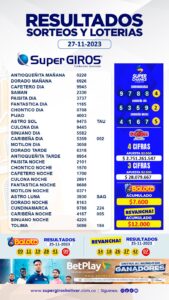 Felicidades a todos nuestros ganadores👏🏽. Conoce los resultados de tus apuestas favoritas del 27 de noviembre🤑. Consúltalos diariamente en➡️ https://supergirosbolivar.com.co/apuestas.