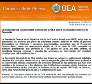OEA exige que se abandonen intentos de dañar el proceso democrático en Colombia