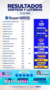 Hoy es lunes 1 de abril y los resultados de su apuesta SuperGIROS es está: