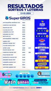 🤩💰Feliz lunes con SuperGIROS Bolívar.☝️Te presentamos los resultados de nuestras apuestas del 13 de mayo🤑. Consúltalos diariamente en➡️ https://supergirosbolivar.com.co/apuestas.