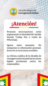 Inescrupulosos pretenden suplantar la identidad del alcalde mayor Dumek Turbay a través de la aplicación WhatsApp