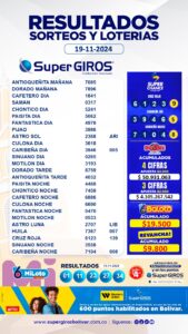 🤩💰Millones por montones esperan por ti. ☝️Te presentamos los resultados de nuestras apuestas del 19 de noviembre🤑. Consúltalos diariamente en➡️ https://supergirosbolivar.com.co/apuestas