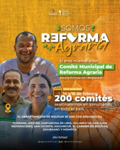 Para el "Pacto por la Tierra y la Vida"sesionaran  más de 200 Comités Municipales de Reforma Agraria, liderados por la Agencia Nacional de Tierras