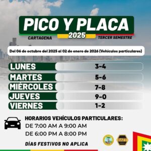 Restricción vehicular en Cartagena: Pico y Placa tercer semestre 2025