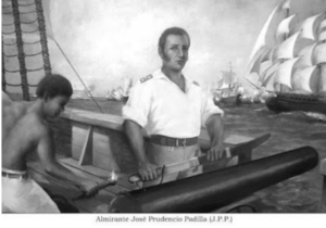 Retrato en blanco y negro del Almirante Padilla, héroe naval colombiano.